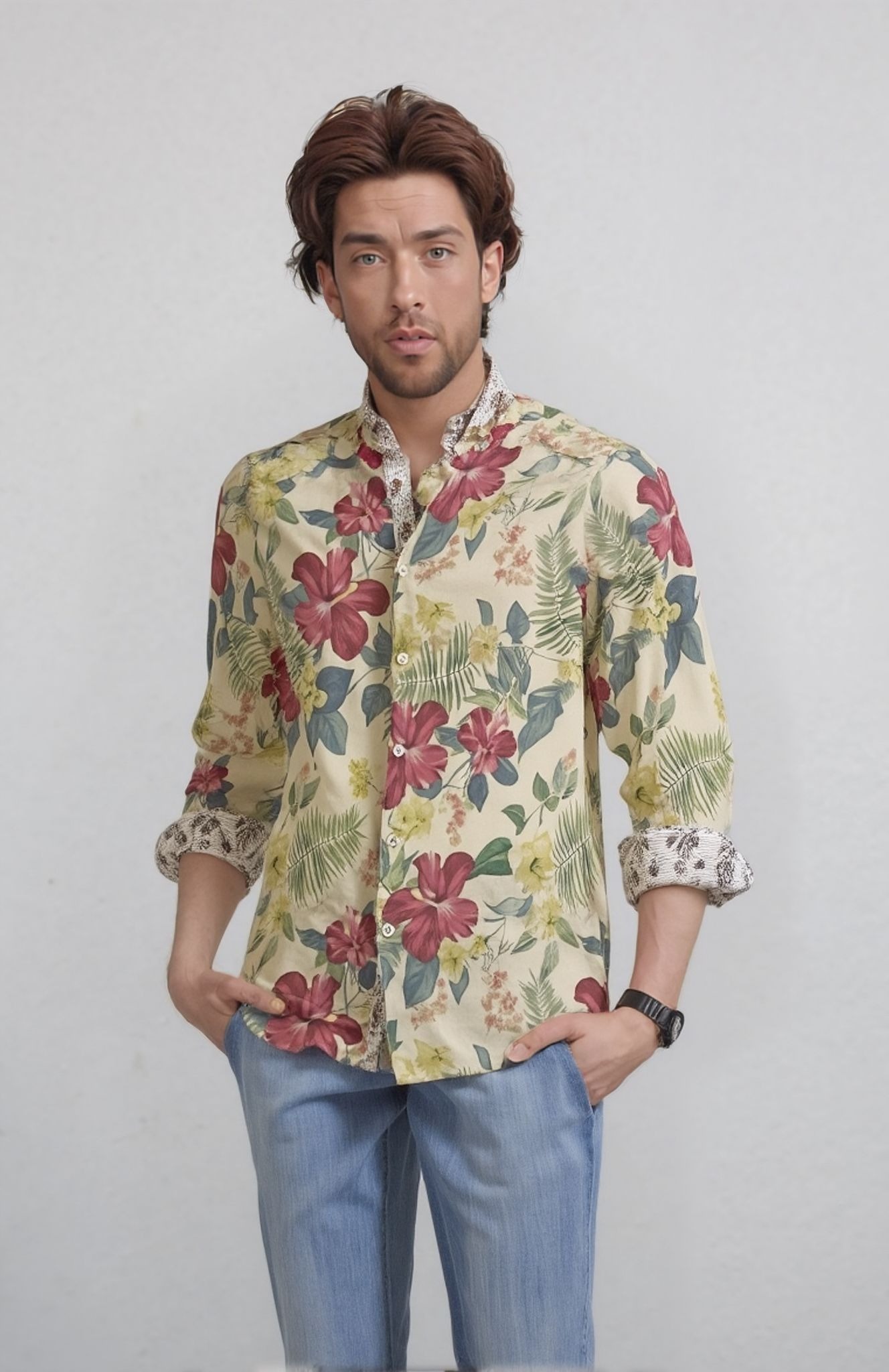 camicia da uomo in lino con collo alla coreana
